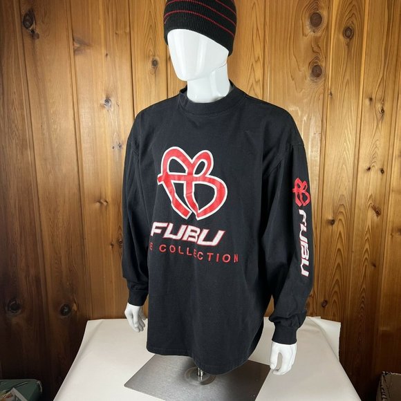 VTG FUBU FB Logo long Sleeve Spell Out Bigger T Shirt Crew neck 2XL Black Red - Picture 2 of 8